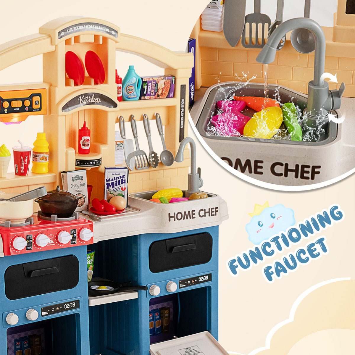 Blue Kids Kitchen Playset featuring lights and sounds for immersive pretend play at home.