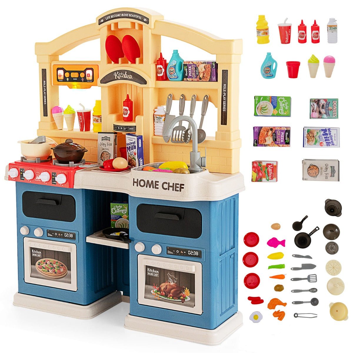 Blue Kids Kitchen Playset - 69 pieces with lights and sounds for imaginative home play.
