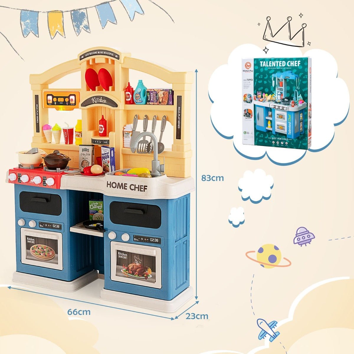 Blue kids kitchen playset with lights and sounds, 69 pieces, for imaginative home play