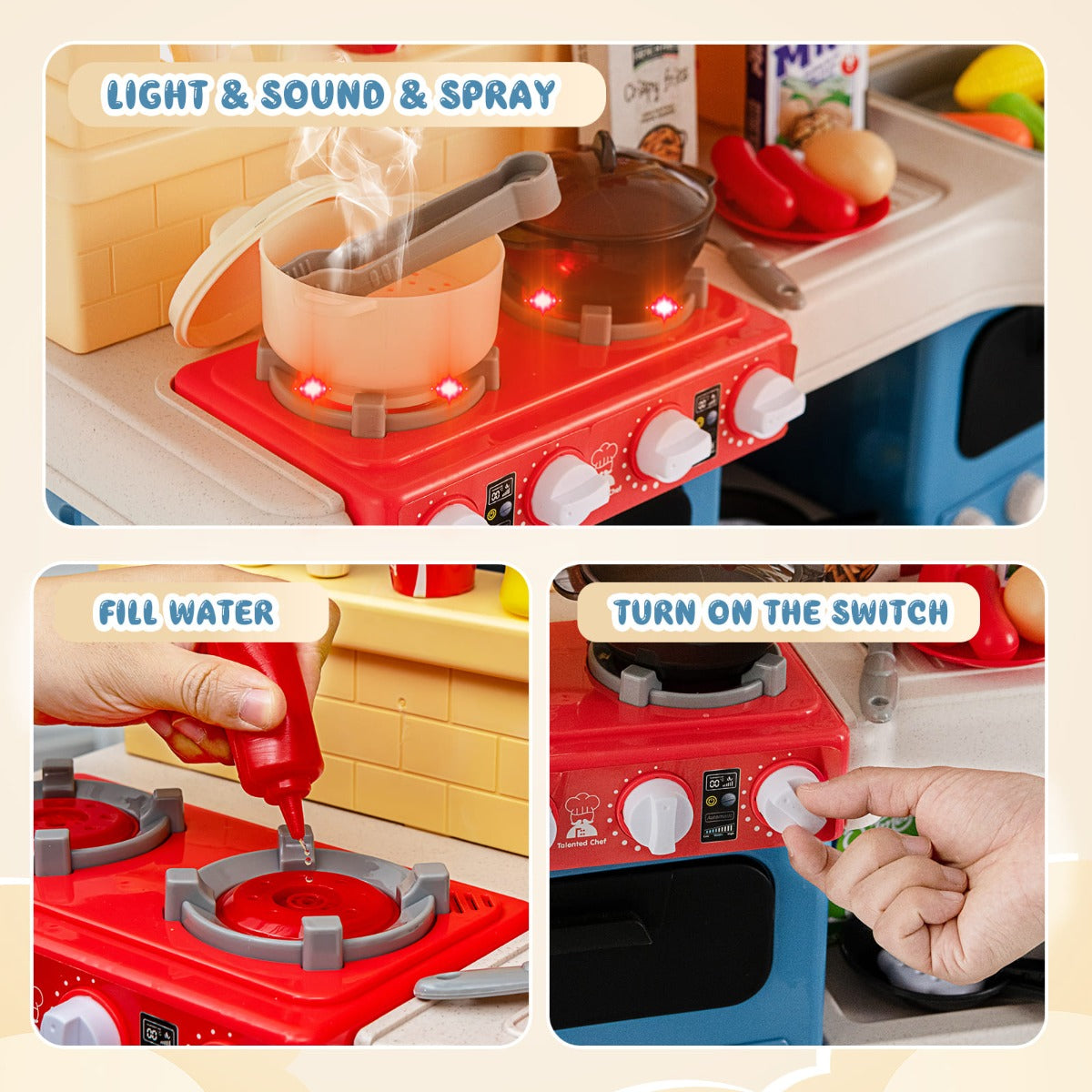 Blue kids kitchen playset with 69 pieces, lights, and sounds for imaginative home role-play.
