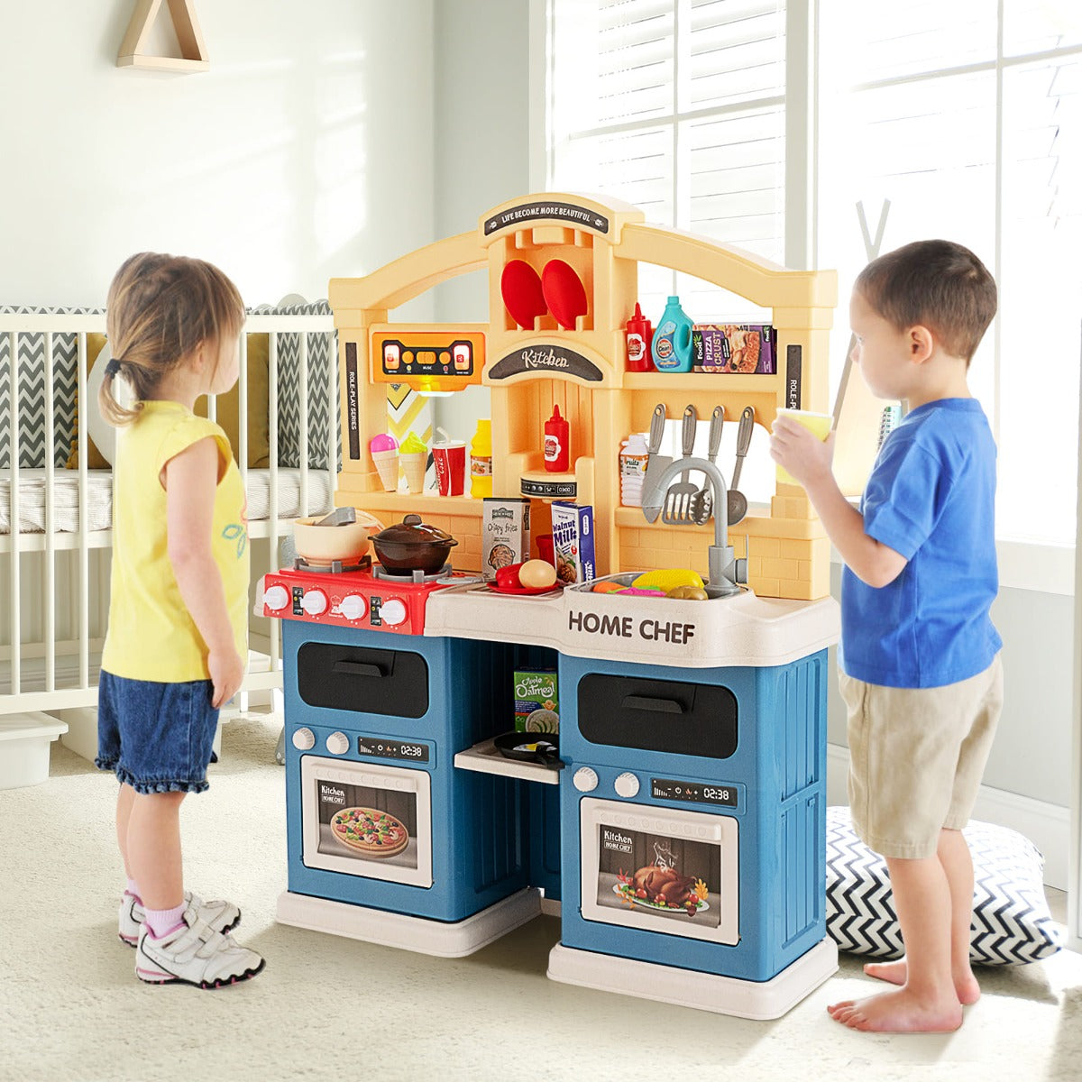 Blue kids playset with lights and sounds for imaginative, interactive kitchen fun at home.