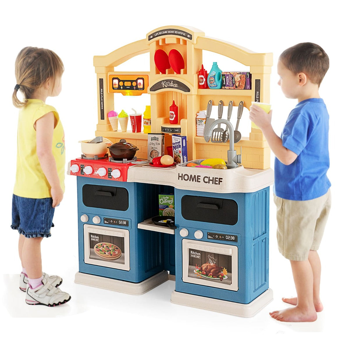 69 PCS Kids Kitchen Playset with Vapor and Boil Effects-Blue