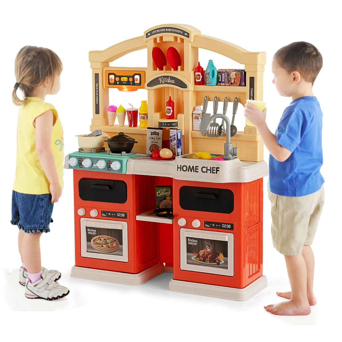 69 PCS Kids Kitchen Playset with Vapor and Boil Effects-Orange