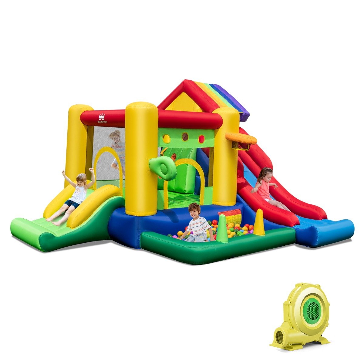 Shop the Ultimate 7-In-1 Inflatable Rainbow Castle with Slide and Blower