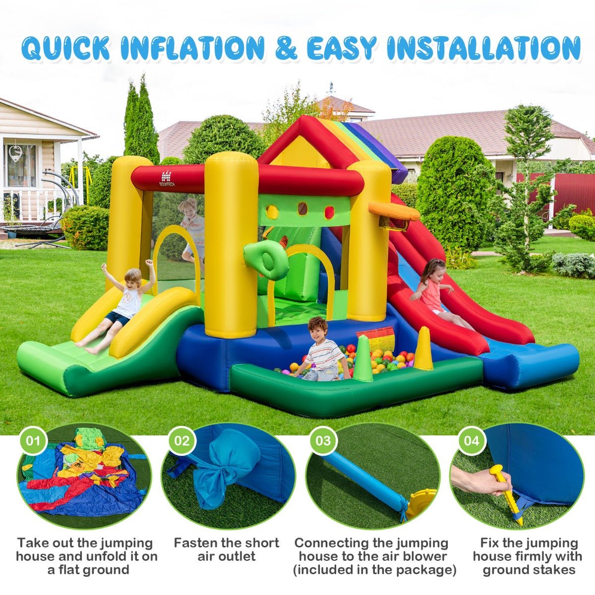 Enjoy Hours of Fun with the 7-In-1 Inflatable Rainbow Castle - Buy Now!