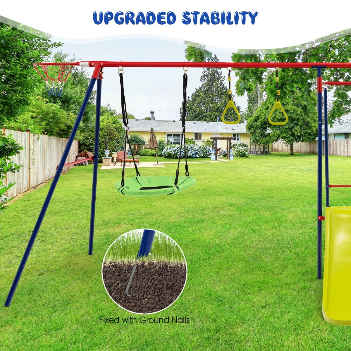Versatile Outdoor Swing Set: 7-in-1 Adventures with Ground Stakes