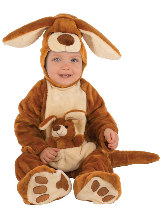 Adorable kids kangaroo costume with plush joey, perfect for imaginative play at home.