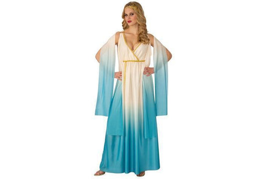 Athena Greek Goddess Costume with Golden Trim and Headpiece for kids dress-up play at home.