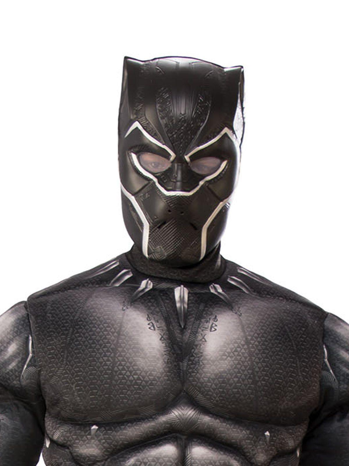 Black Panther adult costume with muscle padding and mask for heroic kids play at home.