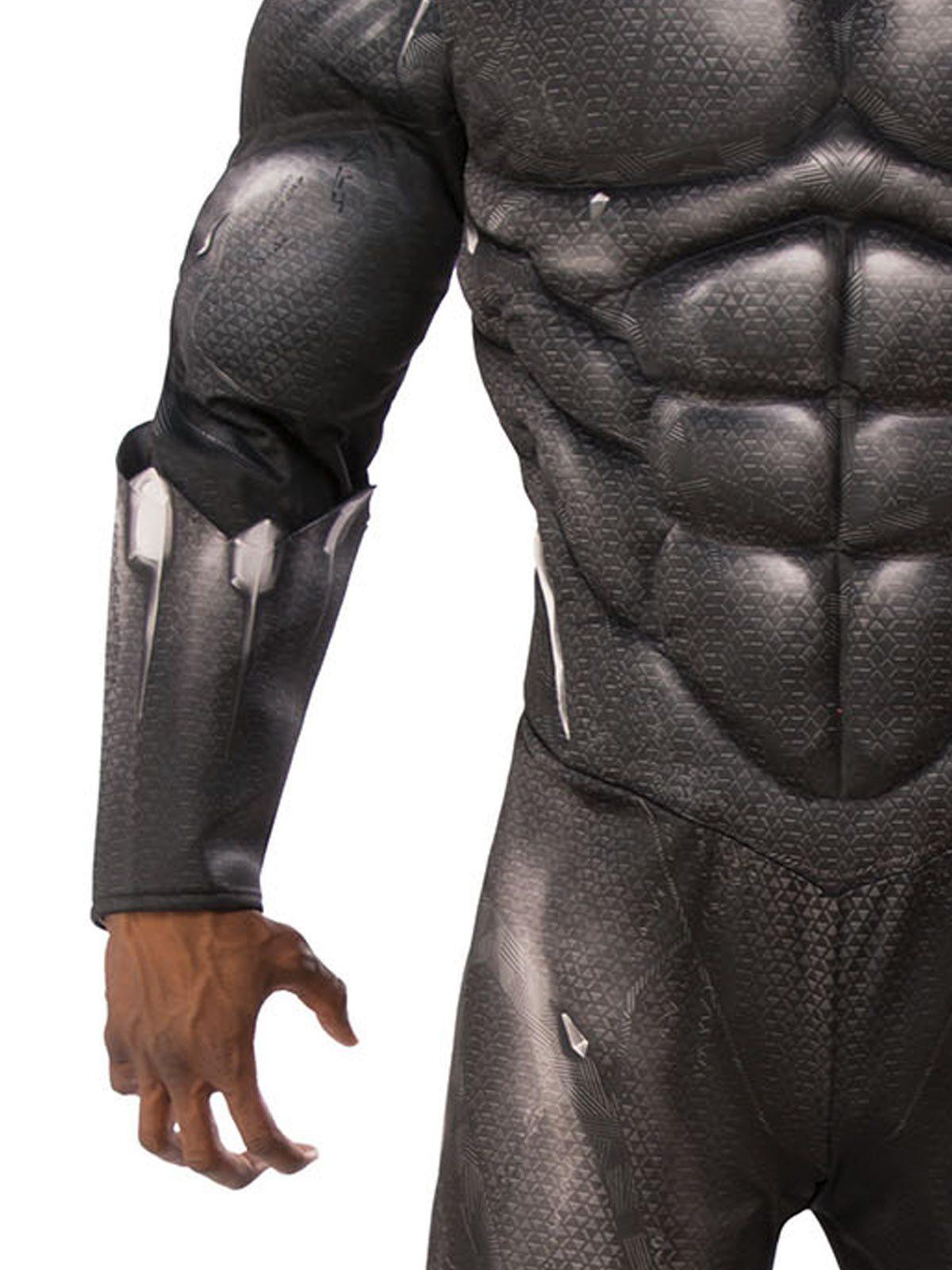 Black Panther costume for kids with muscle padding and mask for imaginative play.