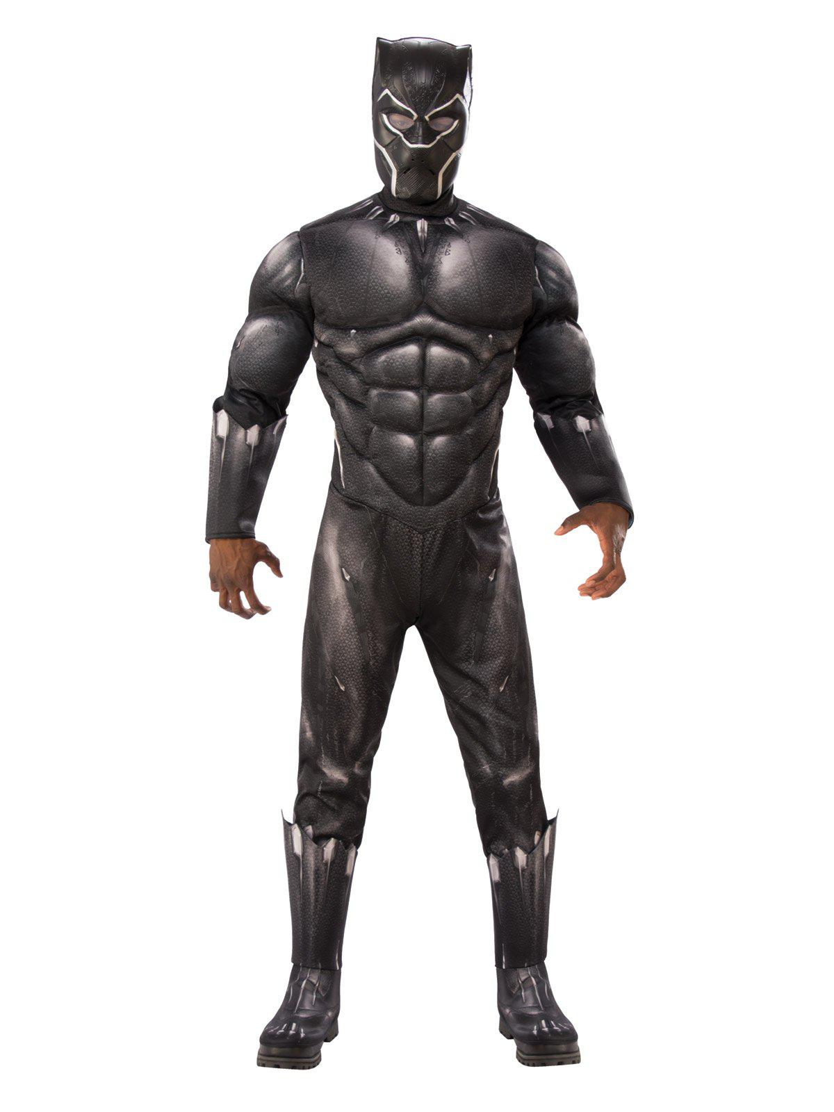 Black Panther adult costume with muscle padding and mask, perfect for superhero-themed kids play.