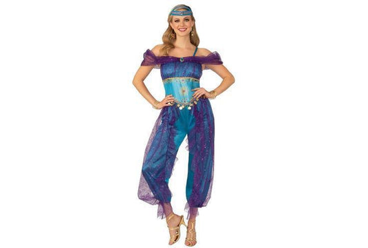 Shimmering gold genie lady costume jumpsuit for adults, perfect for childrens dress-up playtime.