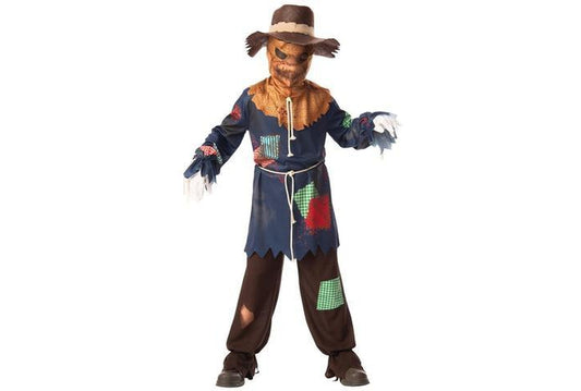Kids sinister scarecrow Halloween costume with hat and tattered design, perfect for spooky fun.