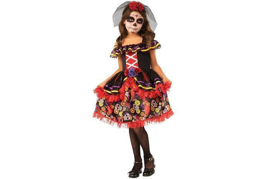 Colorful Day of the Dead girl costume set with tutu dress and headpiece for kids dress-up.