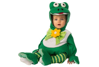 Kids frog costume with padded design and 3D hood for fun dress-up play.