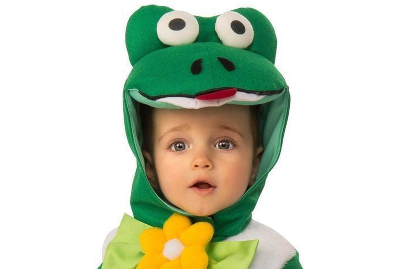 Vibrant frog costume with padded construction and 3D hood for kids imaginative play at home.