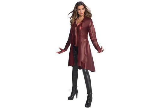 Scarlet Witch adult costume with distinctive coat and gloves for childrens cosplay at home.