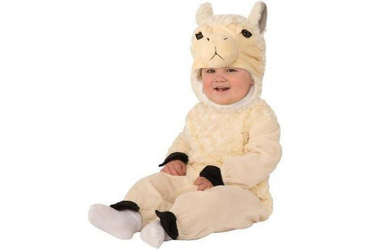 Kids fluffy llama costume with headpiece for cozy and adorable at-home playtime.