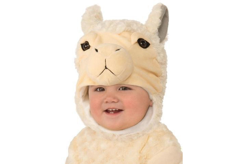 Kids llama costume with plush jumpsuit and headpiece, perfect for playful home dress-up.