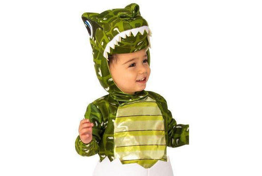 Kids crocodile jumpsuit costume with 3D head, perfect for imaginative play at home.