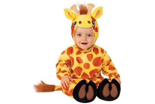 Childs cozy giraffe costume with spots and horns for imaginative play at home.