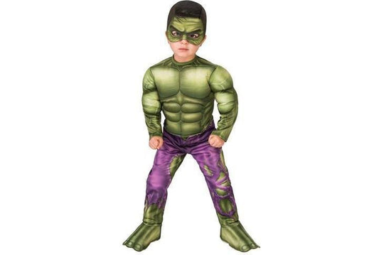 Kids deluxe Marvel Hulk costume with mask, perfect for imaginative play at home.