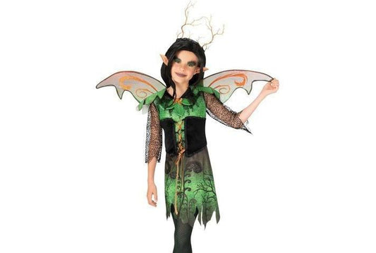 Kids Halloween costume featuring Evil Elf Girl dress with wings for imaginative play at home.