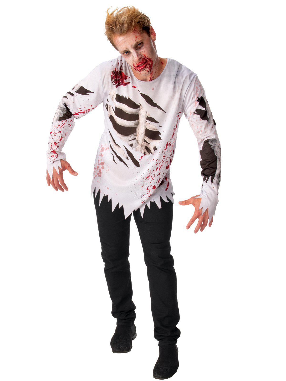 Adult zombie costume top with blood splatter design, perfect for spooky Halloween parties.