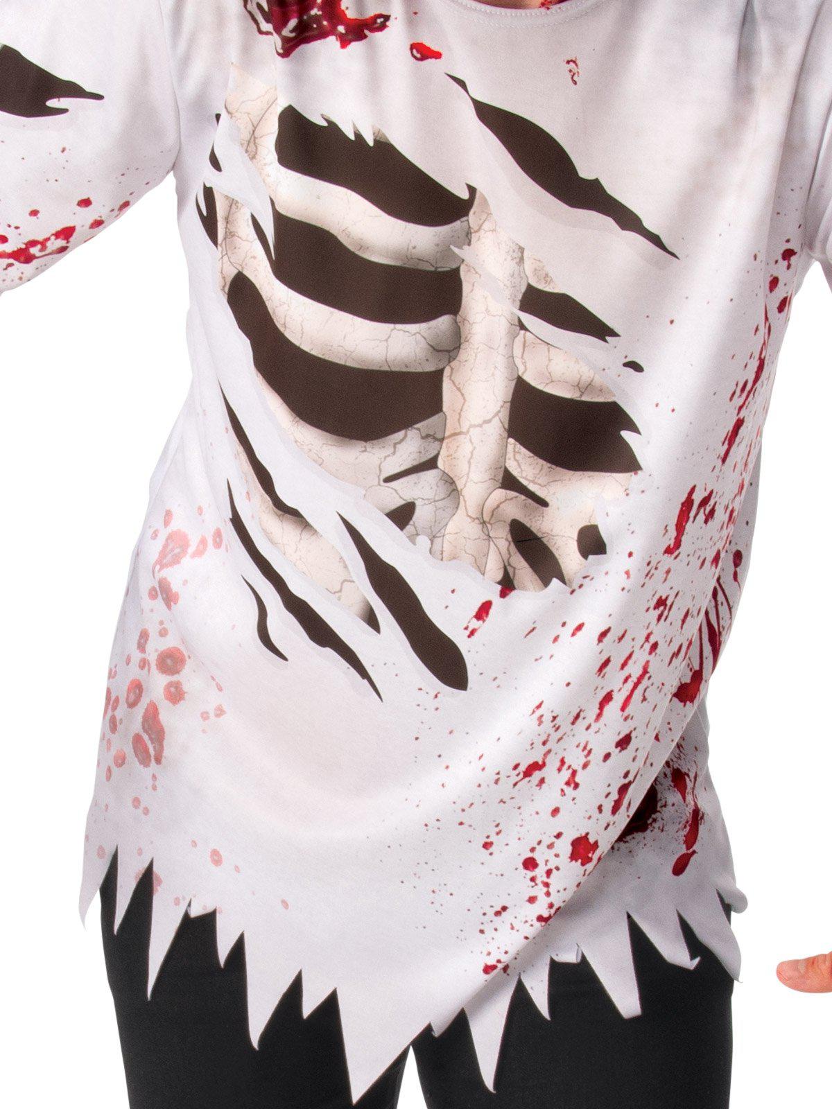 Adult zombie costume top with blood splatter design, ideal for spooky Halloween parties.