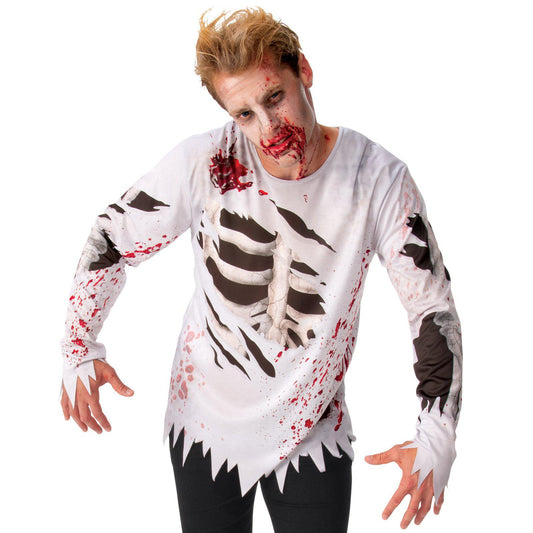 Adult zombie costume top with realistic blood splatter design for Halloween home parties