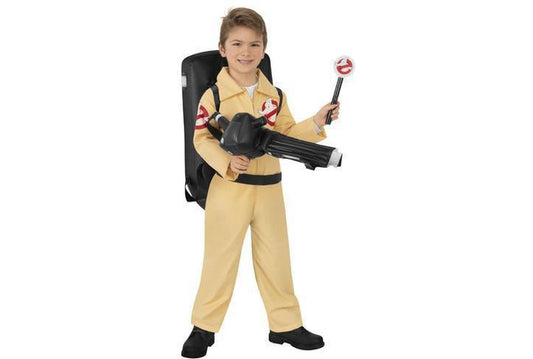 Kids Ghostbusters costume with light-up feature and inflatable proton pack for imaginative play.