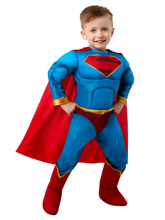 Superman kids costume with muscle chest and cape for imaginative play at home.