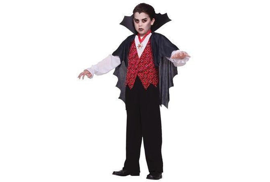 Vampire child costume with cape and medallion for spooky dress-up play.