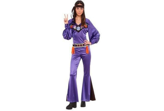 Adult hippie jumpsuit costume with floral peace design for 70s-themed parties or events.