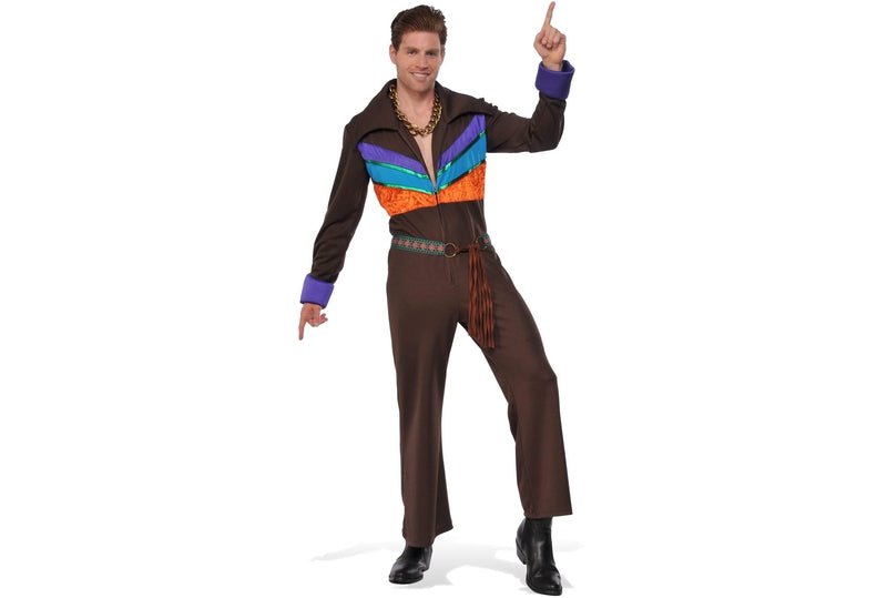 Mens 70s hippie jumpsuit costume for groovy retro dress-up play at childrens parties.