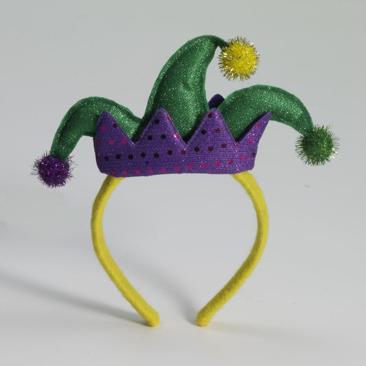 Kids glittery jester headband with pom-poms for fun dress-up play at home.
