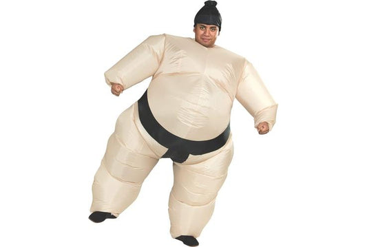 Fan-powered adult sumo wrestler costume for inflatable play at home, perfect for children.