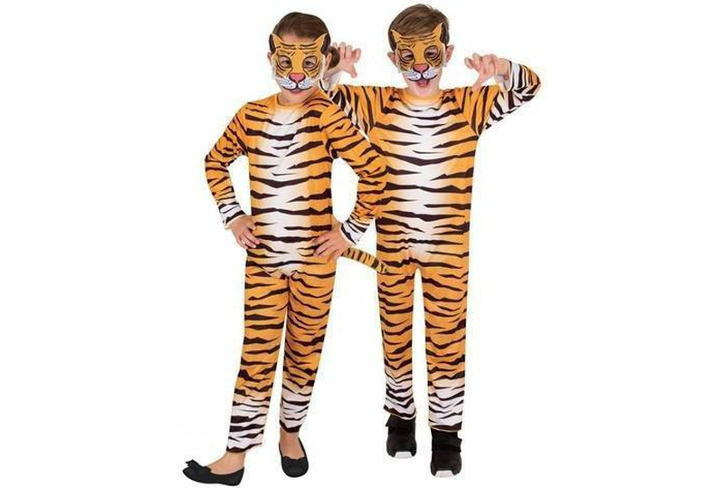 Kids tiger costume with printed fur jumpsuit and mask for playful dress-up fun at home.