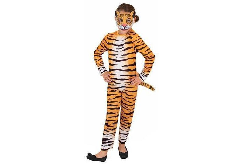 Kids Tiger Costume | Realistic fur jumpsuit and mask for dress-up fun at home