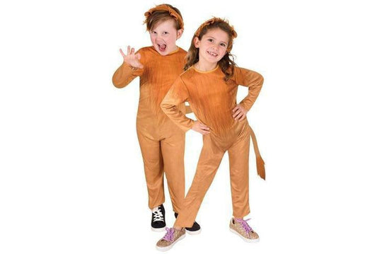 Lion costume for kids with jumpsuit, tail, and ear headband for fun dress-up playtime.