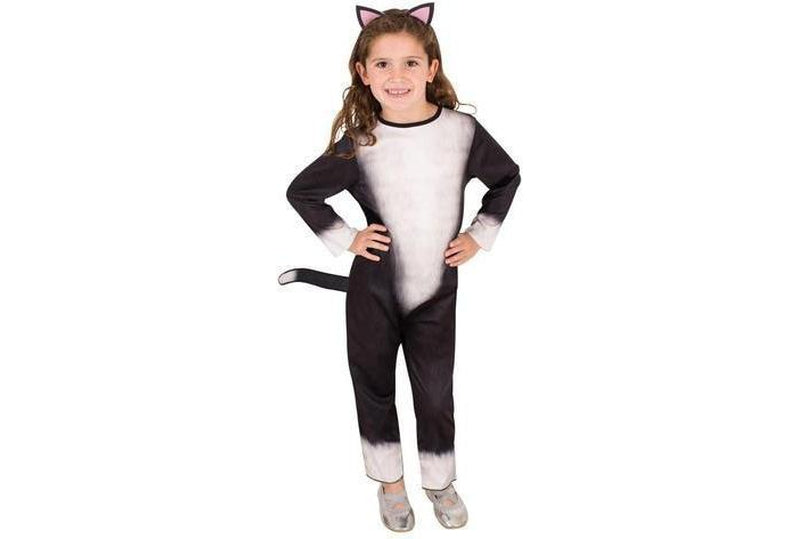 Kids cat costume with printed fur jumpsuit and ears, ideal for themed dress-up play.