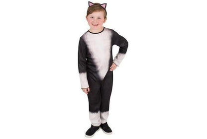 Kids cat costume with fur jumpsuit and ears for playtime and dress-up fun.