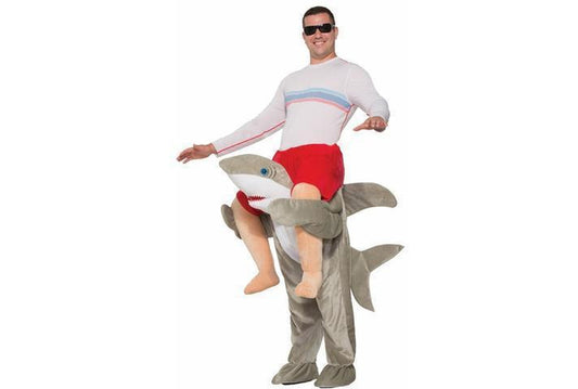 Adult shark piggyback costume with plush jumpsuit and fins for playful home dress-up.
