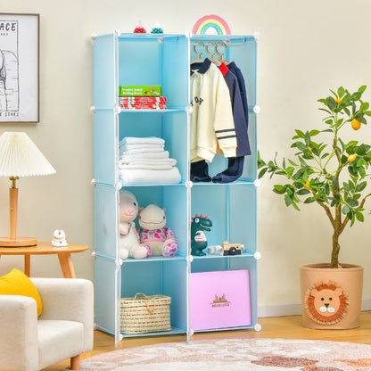 Blue 8-cube closet organizer with hanging rod | perfect for storing baby clothes and essentials.