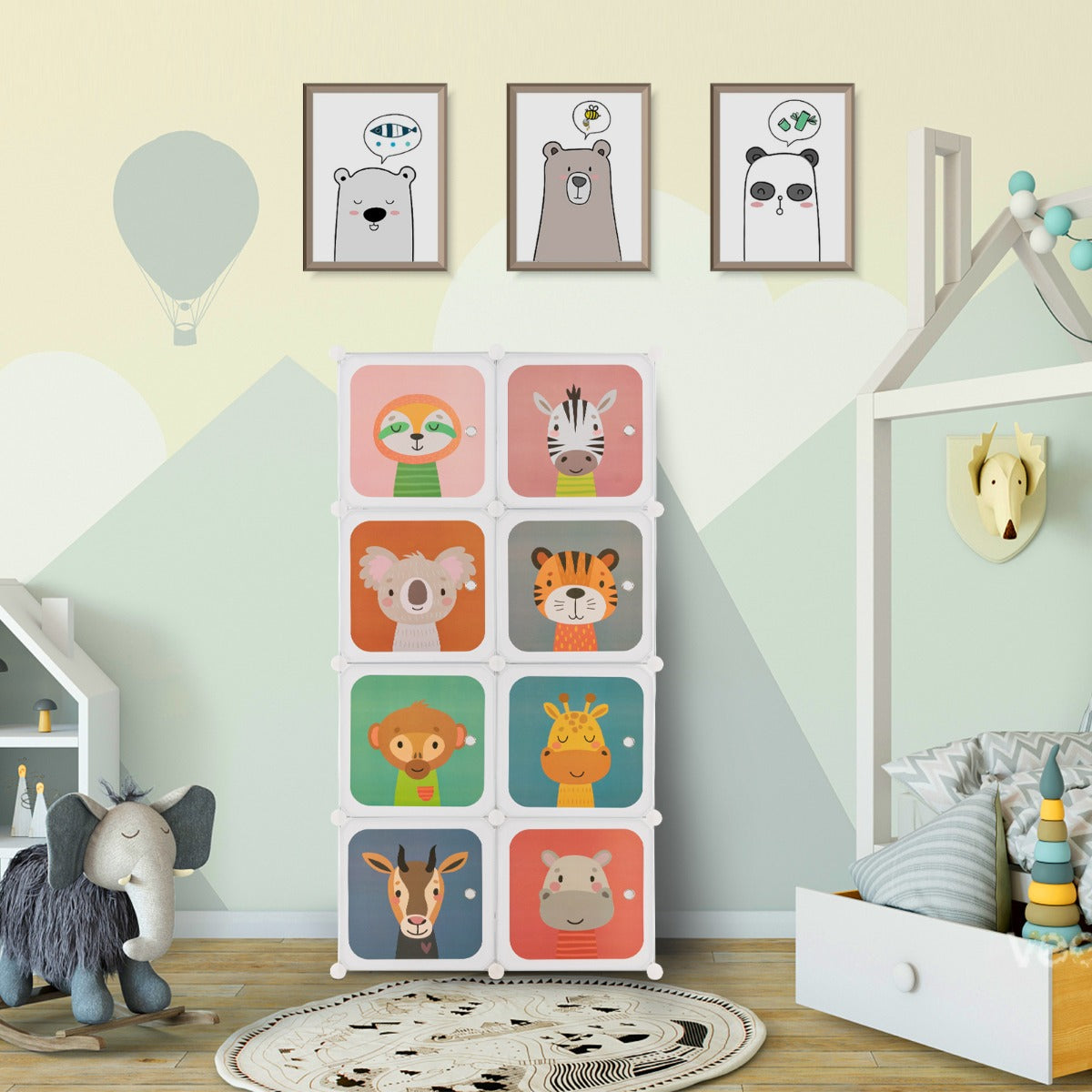 Kids 8-Cube Closet Organizer with Doors and Hanging Rod - White, ideal for childs room organization.
