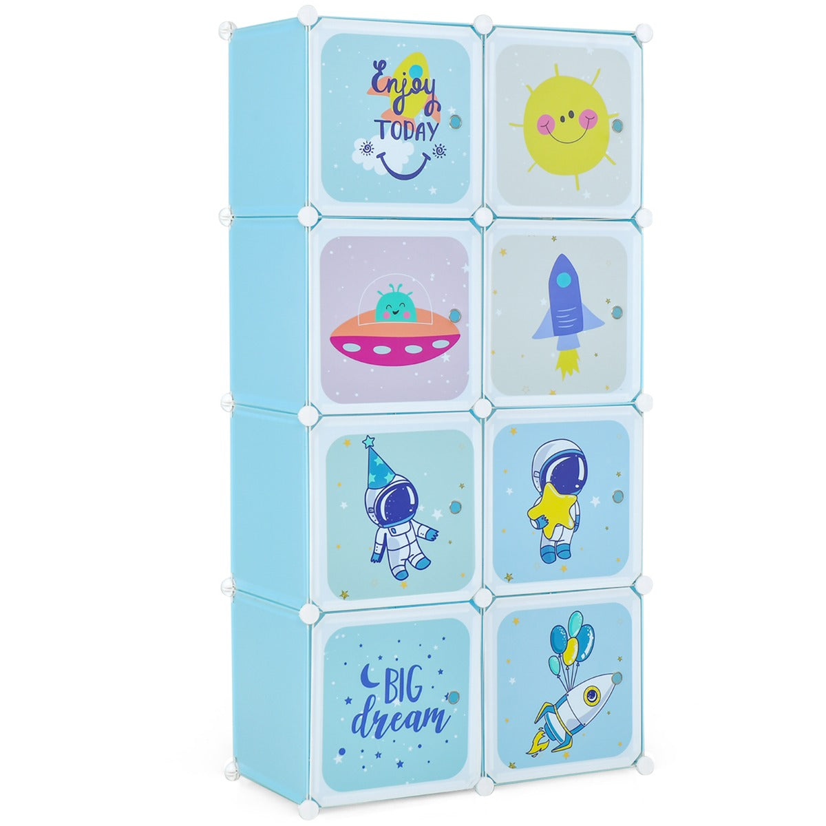 Blue patterned 8-cube baby closet organizer with hanging rod. Perfect for organizing kids clothes.