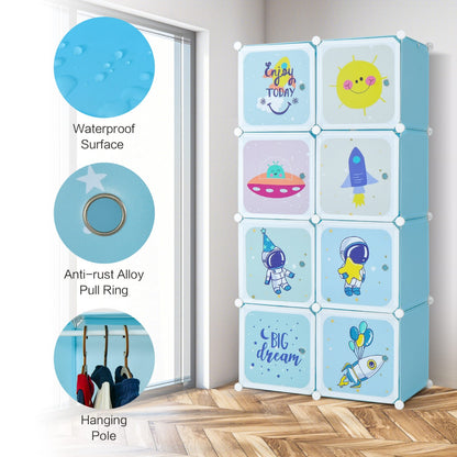 Blue pattern 8-cube baby closet organizer with hanging rod for efficient storage and organization.