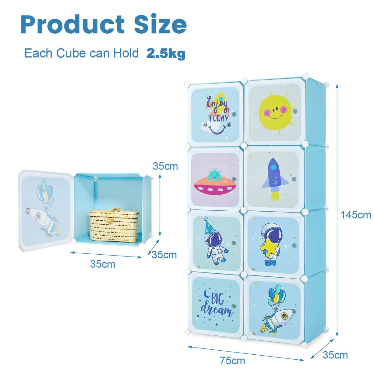 Blue pattern baby closet organizer with hanging rod for kids room organization.