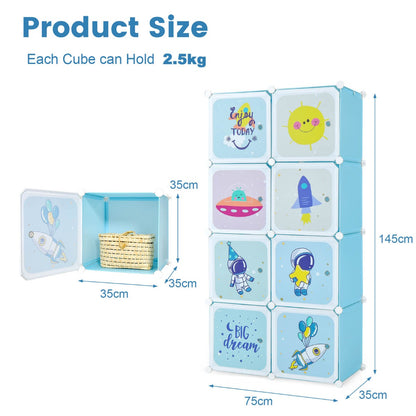 Blue pattern baby closet organizer with hanging rod for kids room organization.