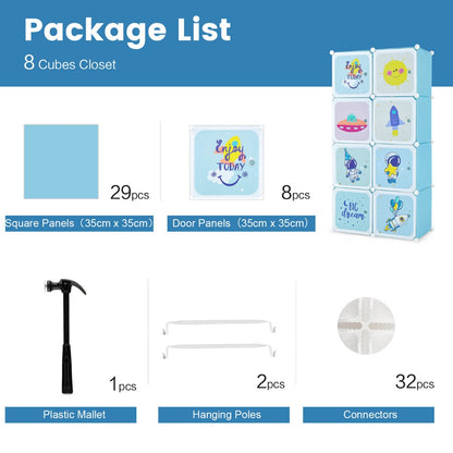Blue patterned 8-cube baby closet organizer with hanging rod for stylish and practical storage.